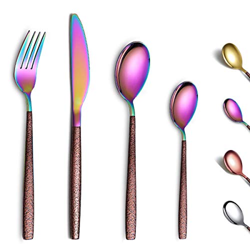 Berglander Besteck Set 24 Stück mit Mondoberfläche Griff und glänzendem Regenbogenmund Titanbeschichtung, Edelstahl bunt Modern Besteck Set Utensilien Set Service für 6 von Berglander