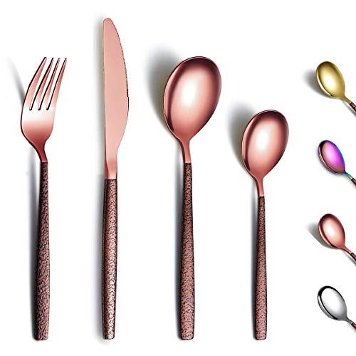 Berglander Besteck Set 24 Stück mit Mondoberfläche Griff und glänzendem Roségold Mund Titanbeschichtung, Edelstahl Kupfer Modernes Besteck Set Utensilien Set Service für 6 von Berglander