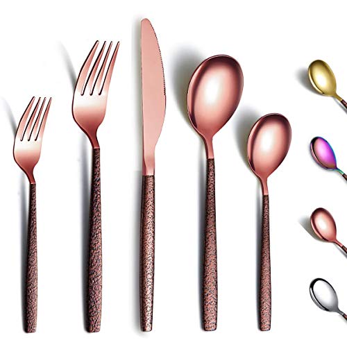 Berglander Besteck Set 30 Stück mit Mondoberfläche Griff und glänzendem Roségold Mund Titanbeschichtung, Edelstahl Kupfer Modernes Besteck Set Utensilien Set Service für 6 von Berglander