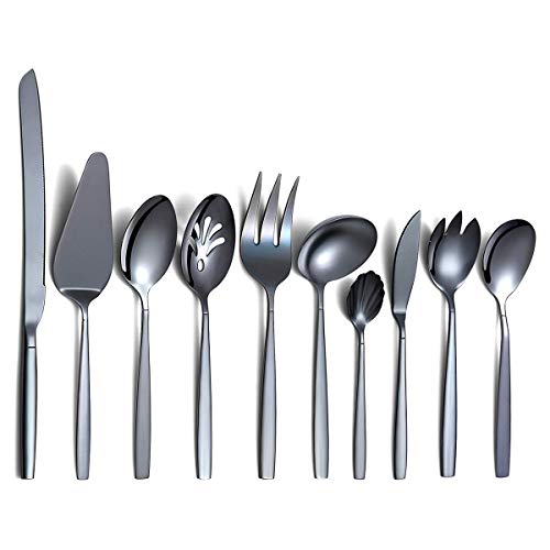 Berglander Black Silverware Servierset 10-teilig, Edelstahl-Besteck-Servierset mit schwarzer Titanbeschichtung, Servierlöffel, Silber-Serviergerät, Rostschutz, bleifrei (10 Stück) von Berglander