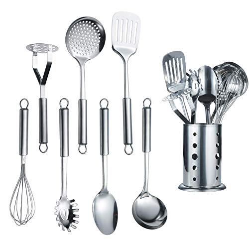 Berglander Edelstahl Kochset 7 teilig mit 1 Ständer, Kochlöffel-Set aus Edelstahl, geschlitztem Tuner, Schöpfkelle, Abschäumer, Servierlöffel, Pasta Server, Kartoffel-Mäher von Berglander