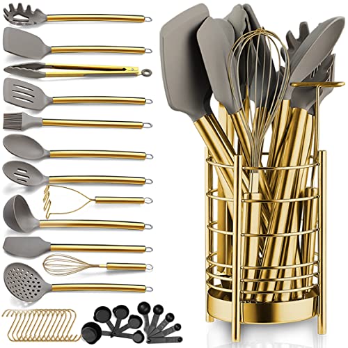 Gold Küchenutensilien Set, Berglander 38 teilig Antihaft Silikon Kochgeschirr Set, Löffel Spachtel Set mit stabilem Edelstahl Utensilienhalter, spülmaschinenfest von Berglander