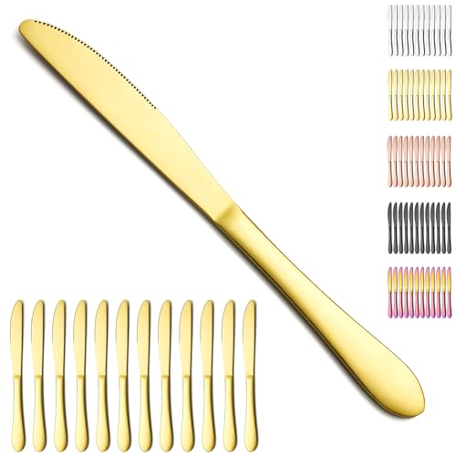 Berglander Gold Tafelmesser Set von 12 Stück, Titan vergoldet Edelstahl Buttermesser Speisemesser für Zuhause, Restaurant, Hotel, spülmaschinenfest von Berglander