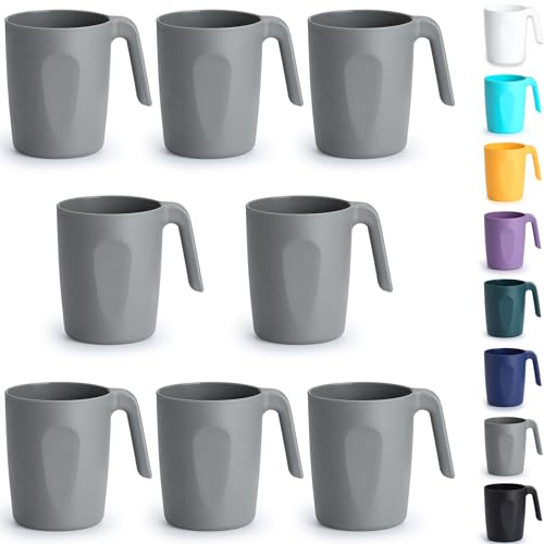 Berglander Graue Plastik Kaffeetassen Set 8er 450ml, Kunststoff Kaffeebecher mit Griffen mehrweg, Wasserbecher, leicht zu tragen, ideal für Zuhause, Garten, Picknick, Camping, Outdoor von Berglander