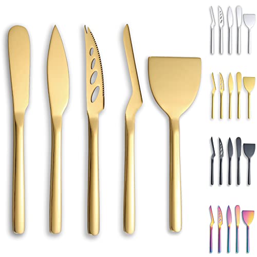 Berglander Käsemesser 5-teiliges Set, geeignet für alle Käsesorten, Edelstahl Käsemesser Schneidemaschine, ergonomisches Design, geeignet zum Greifen und Schneiden, Butterstreuer（Golden） von Berglander