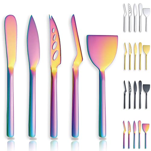 Berglander Käsemesser 5-teiliges Set, geeignet für alle Käsesorten, Edelstahl Käsemesser Schneidemaschine, ergonomisches Design, geeignet zum Greifen und Schneiden, Butterstreuer（Regenbogen） von Berglander