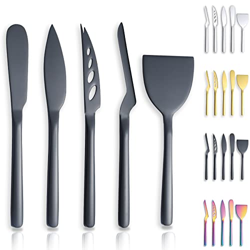 Berglander Käsemesser 5-teiliges Set, geeignet für alle Käsesorten, Edelstahl Käsemesser Schneidemaschine, ergonomisches Design, geeignet zum Greifen und Schneiden, Butterstreuer（Schwarz） von Berglander