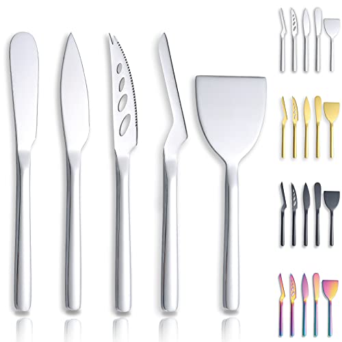 Berglander Käsemesser 5-teiliges Set, geeignet für alle Käsesorten, Edelstahl Käsemesser Schneidemaschine, ergonomisches Design, geeignet zum Greifen und Schneiden, Butterstreuer（Silbrig） von Berglander