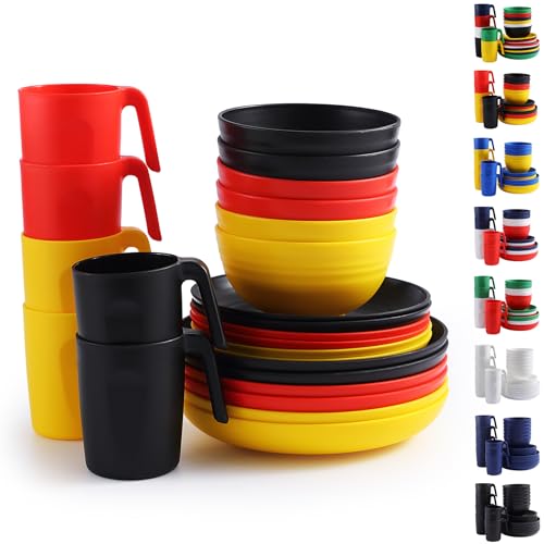 Berglander Plastikgeschirr-Sets 24-teiliger für 6 Personen, DE-Farb-Mehrweg-Teller- und Schüssel-Sets mit Speisetellern, Desserttellern, Müslischalen, Tassen für Zuhause, Garten, Picknick, Camping von Berglander