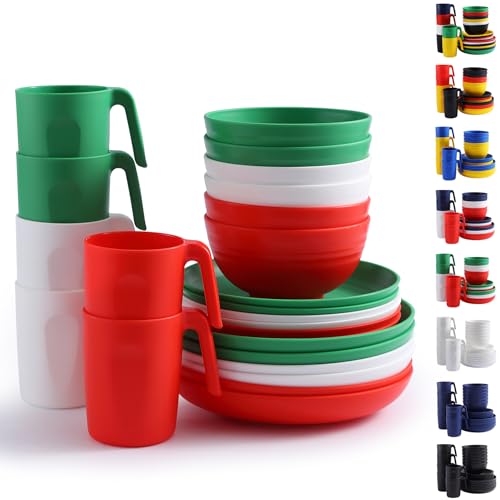 Berglander Plastikgeschirr Sets 24 teiliger für 6 Personen, wiederverwendbare Teller und Schüssel Sets in IT-Farbe mit Speisetellern, Desserttellern, Müslischalen, Tassen für Zuhause, Garten, Picknick von Berglander