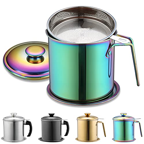 Berglander Regenbogen Speckfettbehälter mit Filter 1.4L, titanfarbener Edelstahl-Ölvorratsbehälter mit feinmaschigem Filter staubdicht zur Aufbewahrung von Frittieröl und Speisefett von Berglander