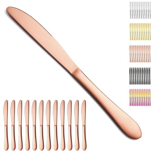 Berglander Roségold Tafelmesser Set von 12 Stück, Titan Roségold beschichtet Edelstahl Buttermesser Speisemesser für Zuhause, Restaurant, Hotel, spülmaschinenfest von Berglander