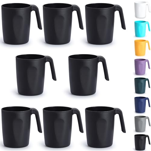 Berglander Schwarze Plastik Kaffeetassen Set 8er 450ml, Kunststoff Kaffeebecher mit Griffen mehrweg, Wasserbecher, leicht zu tragen, ideal für Zuhause, Garten, Picknick, Camping von Berglander