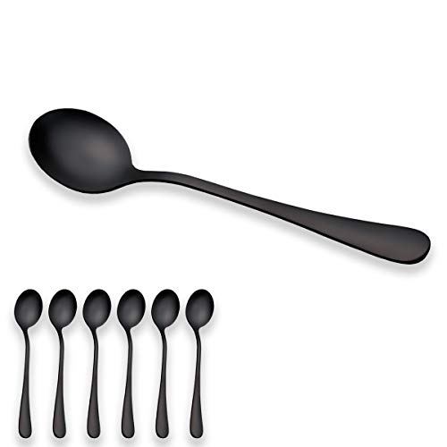 Berglander Schwarze Titan Vergoldet Edelstahl Suppe Löffel, Schwarz Farbe Suppe Löffel, Edelstahl Runde Löffel, Packung mit 6 (Schwarze Glänzend) von Berglander