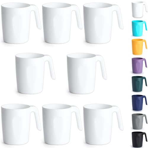 Berglander Weiße Plastik Kaffeetassen Set 8er 450ml, Kunststoff Kaffeebecher mit Griffen mehrweg Wasserbecher, leicht zu tragen, ideal für Zuhause, Garten, Picknick, Camping von Berglander