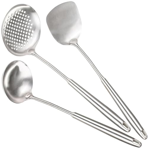 Berglander Wok Spatel 3 Set, 17"/43,5 cm Zu den hitzebeständigen Wok Werkzeugen gehören ein Spatel aus Edelstahl, eine Küchenkelle, ein Kochlöffel, Wok Utensilien und Wok Zubehör von Berglander