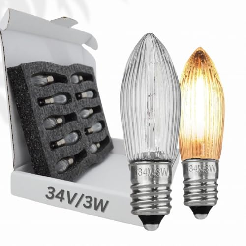 Berglicht 10x Glühbirne 'Berglämpl' E10 34V/3W Riffelkerze Spitzkerze Topkerze Glühlämpchen für Schwibbogen und Lichtbögen, Gelbglühend von Berglicht