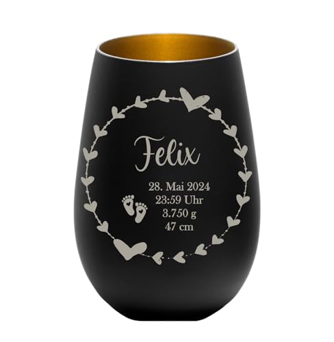 Geburtswindlicht personalisiert | Geburt | Erinnerungslicht | Geschenk | Taufe | Windlicht | Kerzenhalter | 12 x 8,5 cm Pohmer Design (Schwarz-Gold) von Bergliebe