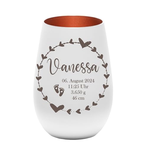 Geburtswindlicht personalisiert | Geburt | Erinnerungslicht | Geschenk | Taufe | Windlicht | Kerzenhalter | 12 x 8,5 cm Pohmer Design (Weiß-Bronze) von Bergliebe