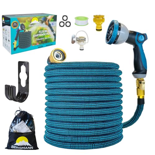 Bergmann® Premium Gartenschlauch Flexible - Flexibler Schlauch mit 10 Funktion Spritze Flexschlauch mit Wandhalterung 3/4 1/2 Zoll Anschluss 3-Fach Latexkern (Blau-15m) von Bergmann