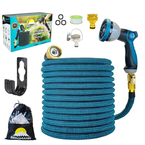 Bergmann® Premium Gartenschlauch Flexible - Flexibler Schlauch mit 10 Funktion Spritze Flexschlauch mit Wandhalterung 3/4 1/2 Zoll Anschluss 3-Fach Latexkern (Blau-22m) von Bergmann