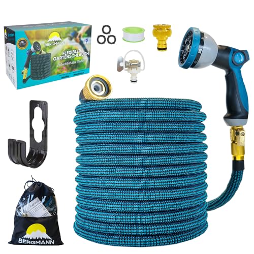 Bergmann® Premium Gartenschlauch Flexible - Flexibler Schlauch mit 10 Funktion Spritze Flexschlauch mit Wandhalterung 3/4 1/2 Zoll Anschluss 3-Fach Latexkern (Blau-30m) von Bergmann