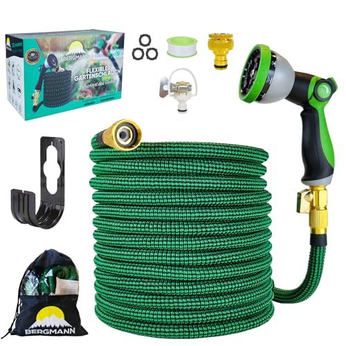 Bergmann® Premium Gartenschlauch Flexible - Flexibler Schlauch mit 10 Funktion Spritze Flexschlauch mit Wandhalterung 3/4 1/2 Zoll Anschluss 3-Fach Latexkern (Grün-30m) von Bergmann