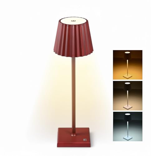 BERGNER Aufladbare Tischlampe mit LED aus Eisen in Weinrot 12x38 cm Kabellos Langlebiger Akku Stufenlose Dimmung mit 3 Farbmodi 6-8 Stunden Leuchtdauer 360°-Lichtdesign von Bergner