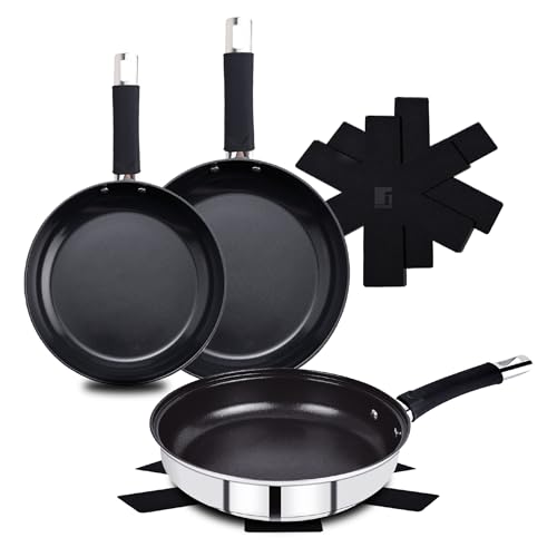BERGNER BASTER – 6-teiliges Bratpfannen-Set aus Edelstahl 20 + 24 + 28 cm mit Hohlgriffen – inklusive Schutzvorrichtungen – Silikongriffe und Antihaftbeschichtung – Induktions-Akku von Bergner