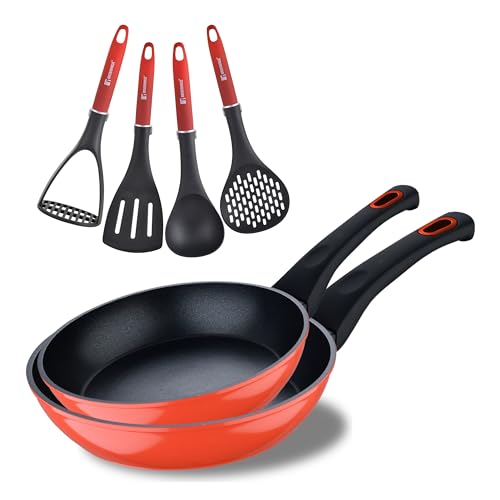 BERGNER Classique | 2er Set Bratpfannen 20 und 24 cm + Utensilienset | Aus geschmiedetem Aluminium | Antihaftbeschichtete Pfannen und widerstandsfähige Utensilien | Für alle Herdarten geeignet : Rot von Bergner