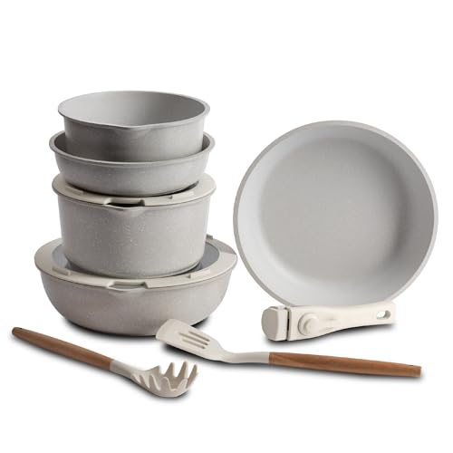 BERGNER Click&Cook - Kochgeschirr mit ausziehbarem Griff 2 Pfannen, 2 Töpfe, 1 Bratpfanne, 2 Deckel und 2 Utensilien - Aus Aluminiumguss - Beige marmoriert Antihaftbeschichtung von Bergner