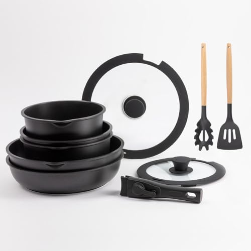 BERGNER Click&Cook - Kochgeschirr mit ausziehbarem Griff 2 Pfannen, 2 Töpfe, 1 Bratpfanne, 2 Deckel und 2 Utensilien - aus Aluminiumguss - Schwarz marmoriert antihaftbeschichtet von Bergner