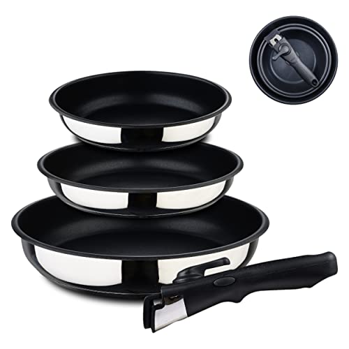 BERGNER Click&Cook | Pfannenset 4-teilig | Aus Edelstahl und mit Antihaftbeschichtung | Enthält 3 Pfannen mit 18, 20 und 24 cm | Mit 1 Abnehmbarem Ergonomischen Griff | Für Alle Herdarten und Backöfen von Bergner