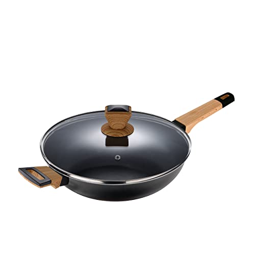 BERGNER Earth | Tiefe Bratpfanne 28x7,5 cm mit Deckel | Schwarz | Hergestellt aus Gepresstem Aluminium mit Ergonomischen Holzgriffen | Küchenzubehör | Geeignet für Alle Herdarten von Bergner