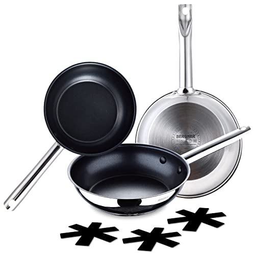 BERGNER Gourmet | Set mit Antihaftbeschichteten Bratpfannen von 20, 24 und 28 cm mit Schutzhüllen | Aus Edelstahl | Ergonomischer Griff | Küchenzubehör | Robust und Für Alle Herdarten von Bergner