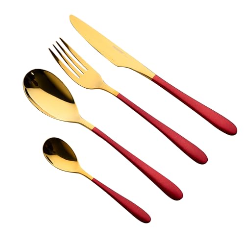 BERGNER Lisboa | Besteck Set aus Edelstahl | 16-teiliges Set in Rot und Gold | Ergonomische Griffe | Besteckset | Metallic-Look von Bergner