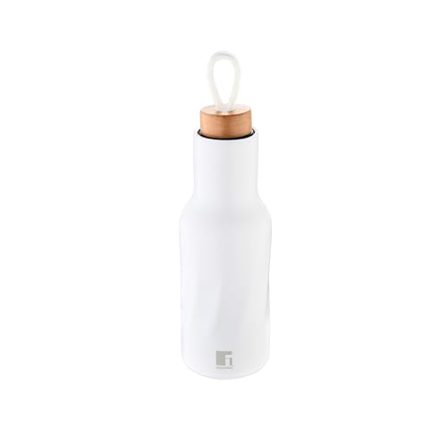 BERGNER Natürlich | Edelstahl-Wasserflasche | 500ml | 8x8x27cm | Weiße Oberfläche mit Buchenholzplatte | Deckel mit Griff | Einfacher Transport von Bergner