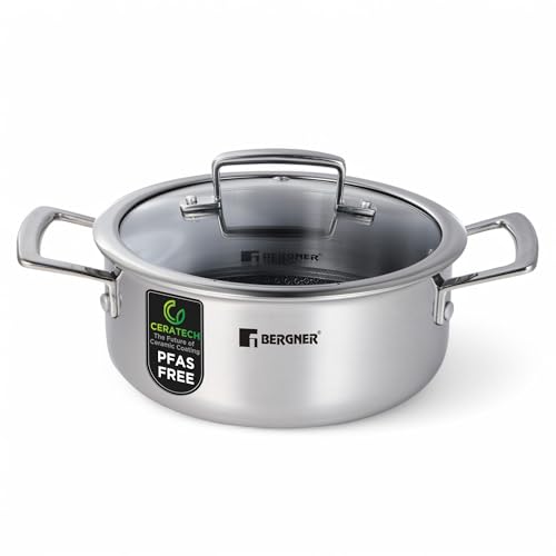 BERGNER STEELBLUE | PFAS-Freier Tri-Ply Hybrid Kochtopf 24 cm mit Glasdeckel | CERATECH Keramikbeschichtung | Edelstahl | 3-lagig | induktionsgeeignet | Kratzfest | blaue Wabenstruktur und Kaltgriff BERGNER STEELBLUE | PFAS-Freier Tri-Ply Hybrid Kochtopf 24 cm mit Glasdeckel | CERATECH Keramikbeschichtung | Edelstahl | 3-lagig | induktionsgeeignet | Kratzfest | blaue Wabenstruktur und Kaltgriff von Bergner
