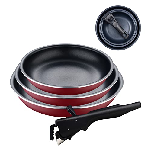 Bergner Click&Cook Red Edition | Pfannenset 4- teilig 18, 20 und 24 cm + Abnehmbarer Ergonomischer Griff | Gepresstes und Antihaftbeschichtetes Aluminium | Für Alle Herdarten und Backöfen von Bergner