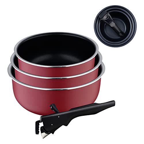 BERGNER Click&Cook Red Edition | Topfset 3- teilig 16, 18 und 20 cm + Abnehmbarer Griff | Gepresstes und Antihaftbeschichtetes Aluminium | Für Alle Herdarten und Backöfen von Bergner