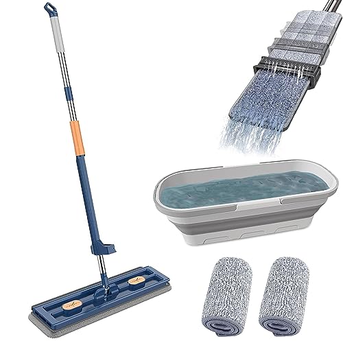 Pure Clean Magic Mop, Großer Flachmopp mit auswringfunktion und wiederverwendbaren Mikrofaser-Pads, Pure Clean Aufwaschen Boden Set (Faltbarer Moppeimer, Blau) von Berisyios