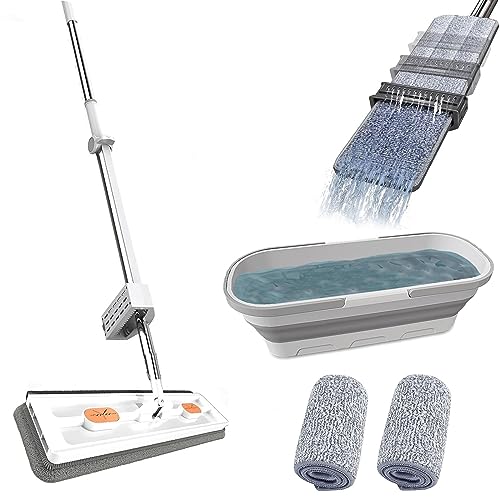 Pure Clean Magic Mop, Großer Flachmopp mit auswringfunktion und wiederverwendbaren Mikrofaser-Pads, Pure Clean Aufwaschen Boden Set (Faltbarer Moppeimer, Weiß) von Berisyios