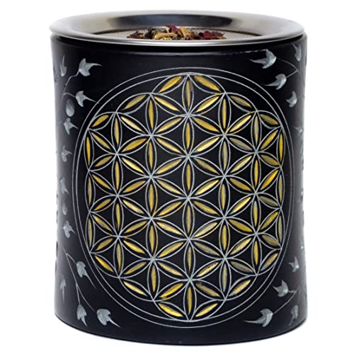 Berk ST-299 Räucherstövchen mit Sieb *Blume des Lebens & Schwarz Gold* aus Stein - Weihrauchbrenner Räuchergefäß - Weihrauch Räuchern & Esoterik Geschenke von Berk