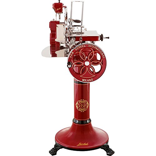 Berkel Volano B114 handbetriebene Aufschnittmaschine mit Blütenverziertes Schwungrad, Messerdurchmesser 319 mm Rot und Sockel von Berkel