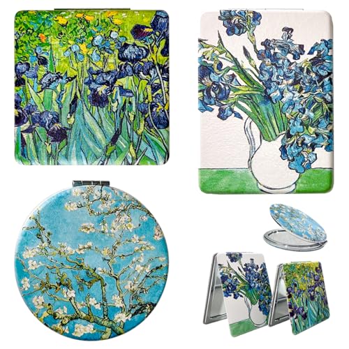 Berkin Arts 3 Pcs Folding Art Makeup Mirror, Portable PU Leather Travel Cosmetic Compact, Compact Ultrathin Pocket Mirror Folding Travel Mirror for Purse Vanity Table Gifts（Van Gogh Series） von Berkin Arts