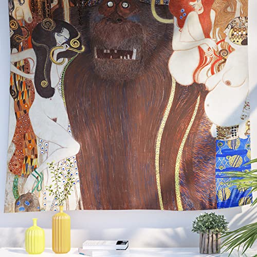 Berkin Arts Decor Wandteppich zum Aufhängen, Hintergrund aus hochwertigem Polyesterstoff Maximalismus Beige religiös 150 x 200 CM(Gustav Klimt-Die feindlichen Mächte) von Berkin Arts