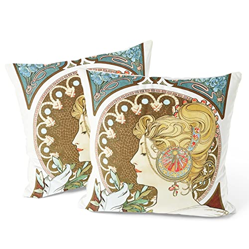 Berkin Arts Dekorative Kunstdekor Kunst Art Quadrat Kissenhülle 2er Set Kissenbezug 45x45cm Zierkissenbezüge Sofakissen Dekokissen Elegant Vintage Porträt Für Schlafzimmer (Alphonse Mucha-Feder) von Berkin Arts