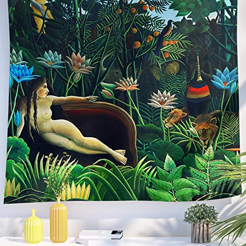 Berkin Arts Decor Wandteppich zum Aufhängen, Hintergrund aus hochwertigem Polyesterstoff Maximalismus Botanische Landschaft 130 x 150 CM (Henri Rousseau-Der Traum) von Berkin Arts