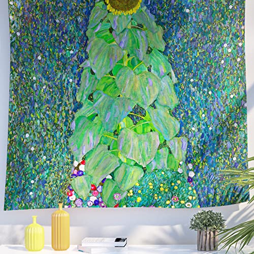 Berkin Arts Decor Wandteppich zum Aufhängen, Hintergrund aus hochwertigem Polyesterstoff Grüner cooler Retro 150 x 200 CM(Gustav Klimt-Sonnenblumen) von Berkin Arts