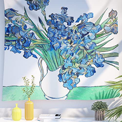 Berkin Arts Decor Wandteppich zum Aufhängen, Hintergrund aus hochwertigem Polyesterstoff Generative Kunst Weiß-Blau-Petrol 130 x 150 CM (Vincent van Gogh-Irissen 2) von Berkin Arts
